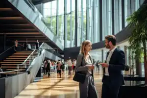 Ki generiertes Businessfoto von zwei Personen in der Lobby eines großen Gebäudes